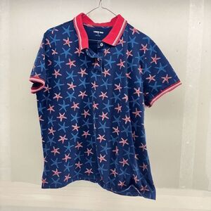 Lands End Top Womens XL Petite Blue Red Polo Collared Starfish Beach Casual Golf